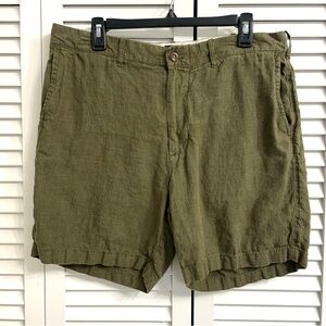 J. Crew Men's 100% Linen Hunter Green Shorts Sz 34 Coastal Preppy 7" Inseam